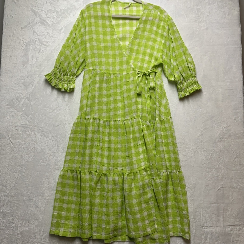 Urban Outfitters Gingham Print Checker Wrap‎ Dress Women's Sz Medium Green Retro